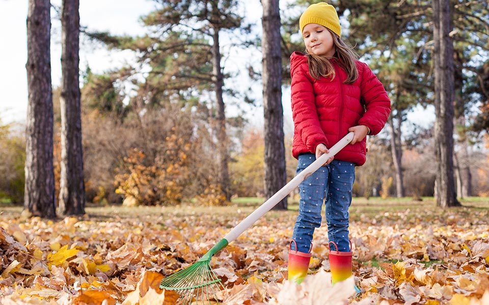 Girl raking leaves